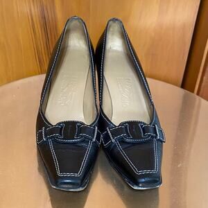 Salvatore Ferragamo Black Leather Loafers Contrast White Stitching Buckle Detail